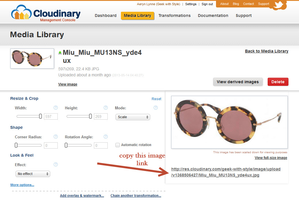 Copy image link in Cloudinary.